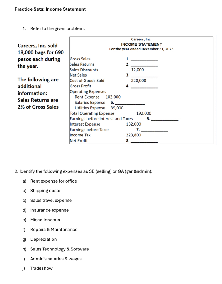 Practice Sets: Inçome Statement 
1. Refer to the given problem: 
Careers, Inc. 
Careers, Inc. sold INCOME STATEMENT 
For the year ended December 31, 2023
18,000 bags for 690
pesos each during Gross Sales 1._ 
the year. Sales Returns 2._ 
Sales Discounts 12,000
Net Sales 3._ 
The following are Cost of Goods Sold 220,000
additional Gross Profit 4._ 
information: Operating Expenses 
Rent Expense 102,000
Sales Returns are Salaries Expense 5._
2% of Gross Sales Utilities Expense 39,000
Total Operating Expense 192,000
Earnings before Interest and Taxes 6._ 
Interest Expense 132,000
Earnings before Taxes 7._ 
Income Tax 223,800
Net Profit 8._ 
2. Identify the following expenses as SE (selling) or GA (gen&admin): 
a) Rent expense for office 
b) Shipping costs 
c) Sales travel expense 
d) Insurance expense 
e) Miscellaneous 
f) Repairs & Maintenance 
g) Depreciation 
h) Sales Technology & Software 
i) Admin’s salaries & wages 
j) Tradeshow