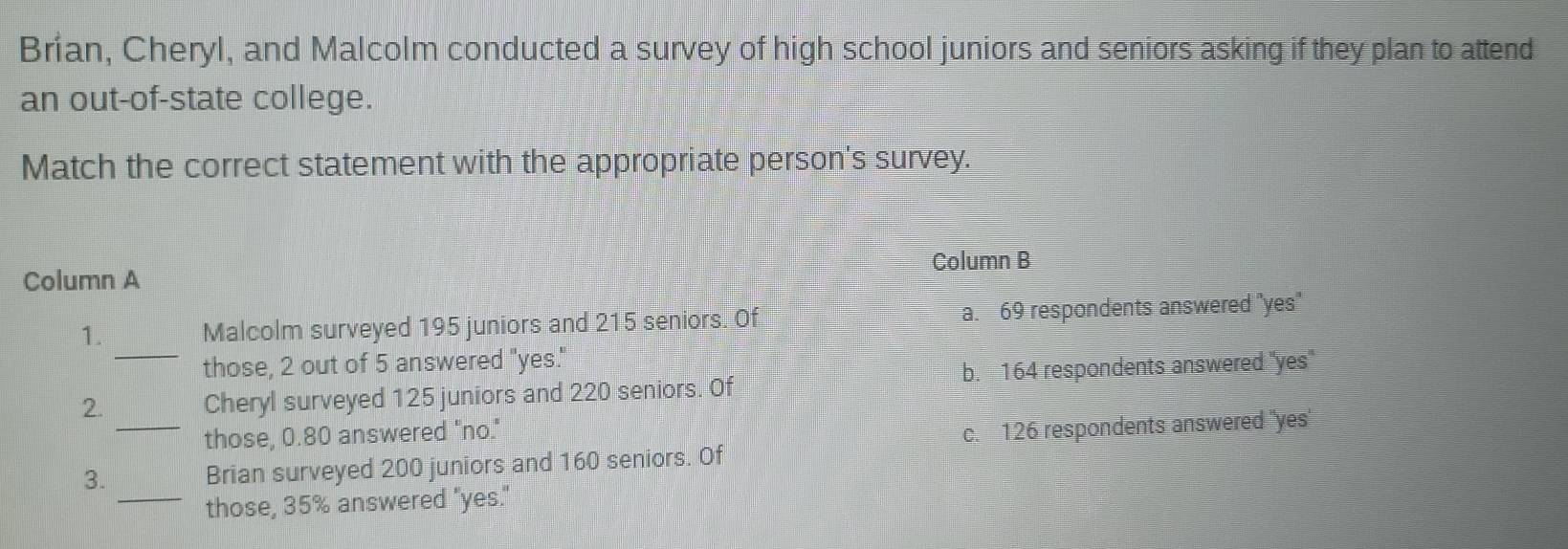 Brian, Cheryl, and Malcolm conducted a survey of high school juniors and seniors asking if they plan to attend
an out-of-state college.
Match the correct statement with the appropriate person's survey.
Column B
Column A
_
1. Malcolm surveyed 195 juniors and 215 seniors. Of a. 69 respondents answered "yes"
those, 2 out of 5 answered "yes."
_
2. Cheryl surveyed 125 juniors and 220 seniors. Of b. 164 respondents answered "yes"
those, 0.80 answered "no."
c. 126 respondents answered ''yes'
3. Brian surveyed 200 juniors and 160 seniors. Of
_those, 35% answered "yes."