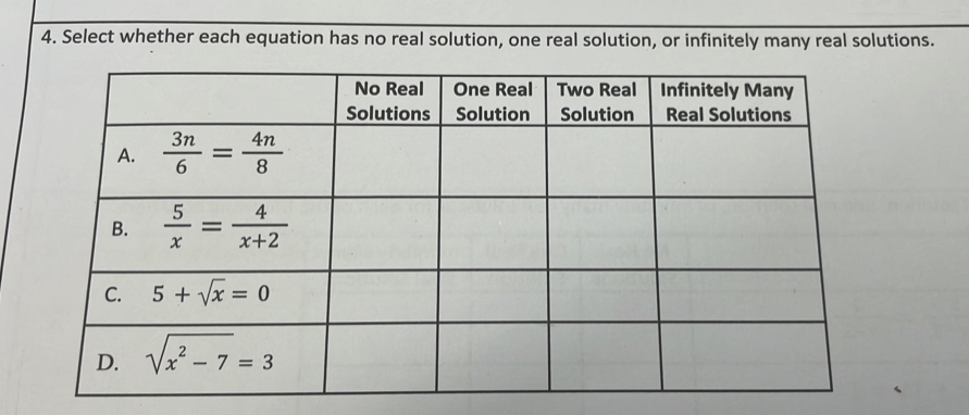 Select whether each equation has no real solution, one real solution, or infinitely many real solutions.