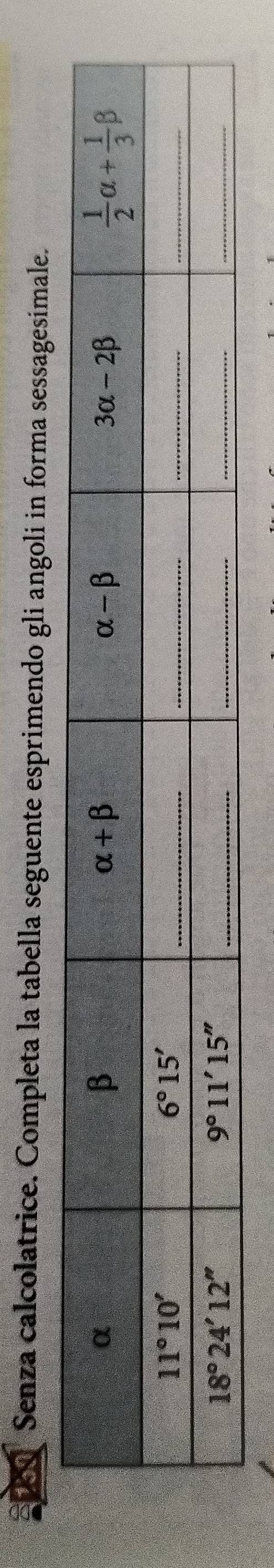 Senza calcolatrice. Completa la tabella seguente esprimendo gli angoli in forma sessagesimale.