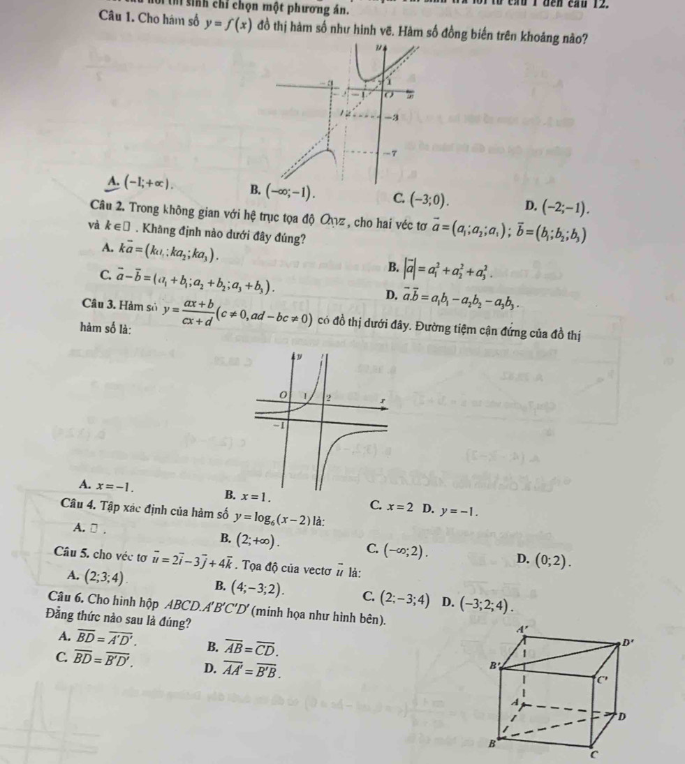 Un sinh chỉ chọn một phương án.
u 1 đen cầu 12.
Câu 1. Cho hám số y=f(x) đồ thị hàm số như hình vẽ. Hàm số đồng biến trên khoảng nào?
A. (-1;+∈fty ).
(-∈fty ;-1).
C. (-3;0). D. (-2;-1).
Câu 2. Trong không gian với hệ trục tọa độ Qụz , cho hai véc tơ vector a=(a_1;a_2;a_1);vector b=(b_1;b_2;b_3)
và k∈ □. Khãng định nào dưới đây đúng?
A. kvector a=(k_omega ;ka_2;ka_3).
C. vector a-vector b=(a_1+b_1;a_2+b_2;a_3+b_3).
B. |vector a|=a_1^(2+a_2^2+a_3^2.
D. vector a).vector b=a_1b_1-a_2b_2-a_3b_3.
Câu 3. Hàm sở y= (ax+b)/cx+d (c!= 0,ad-bc!= 0) có đồ thị dưới đây. Đường tiệm cận đứng của đồ thị
hàm số là:
A. x=-1.
B. x=1. C. x=2 D. y=-1.
Câu 4. Tập xác định của hàm số y=log _6(x-2) là:
A. □ .
B. (2;+∈fty ).
C. (-∈fty ;2).
D. (0;2).
Câu 5. cho véc tơ vector u=2vector i-3vector j+4vector k. Tọa độ của vectơ vector u là:
A. (2;3;4) B. (4;-3;2). C. (2;-3;4) D. (-3;2;4).
Câu 6. Cho hình hộp ABCD A'B'C'D' (minh họa như hình bên).
Đằng thức nào sau là đúng?
A. overline BD=overline A'D'. B. overline AB=overline CD.
C. overline BD=overline B'D'. D. overline AA'=overline B'B.