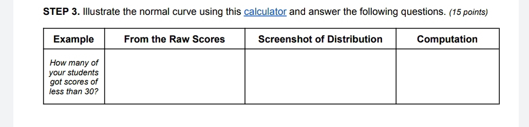 Illustrate the normal curve using this calculator and answer the following questions. (15 points)