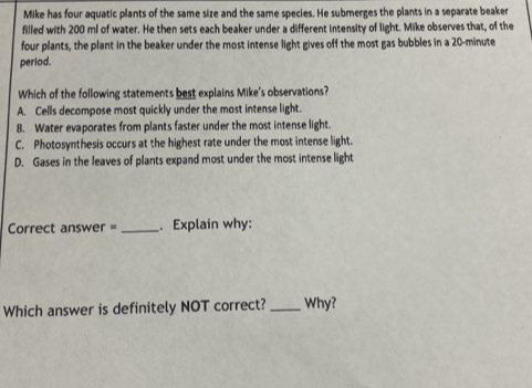 Mike has four aquatic plants of the same size and the same species. He submerges the plants in a separate beaker
filled with 200 ml of water. He then sets each beaker under a different intensity of light. Mike observes that, of the
four plants, the plant in the beaker under the most intense light gives off the most gas bubbles in a 20-minute
period.
Which of the following statements best explains Mike's observations?
A. Cells decompose most quickly under the most intense light.
B. Water evaporates from plants faster under the most intense light
C. Photosynthesis occurs at the highest rate under the most intense light.
D. Gases in the leaves of plants expand most under the most intense light
Correct answer =_ . Explain why:
Which answer is definitely NOT correct? _Why?