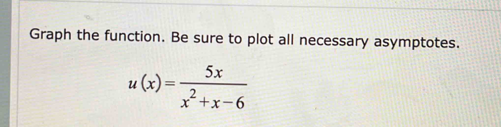 Graph the function. Be sure to plot all necessary asymptotes.
u(x)= 5x/x^2+x-6 