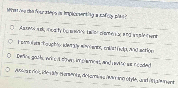 Solved: What are the four steps in implementing a safety plan? Assess ...