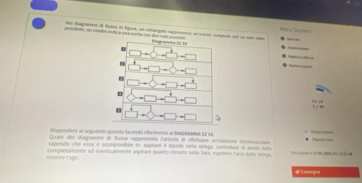 Menu Studenti 
Nei diagrammi di flusso in figura, un rettangolo rappresenta un'azione compluta con un solo esto Aroe test 
possibile, un rombo indica una scelta con due esiti possibili. Diagramma SZ 16
D 
Aralisa resuturss 
Replica e reffores 
Bacheca questi 
01:19 
5 / 80 
Rispondere al seguente quesito facendo riferimento al DIAGRAMMA SZ 16. 
Tempo sezione 
Quale dei diagrammi di flusso rappresenta l'attività di effettuare un'iniezione intramuscolare, Risposte date 
sapendo che essa è scomponibile in: aspírare il liquido nella siringa, controllare di averlo fatto 
completamente ed eventualmente aspirare quanto rimasto nella fiala, espellere l'aría dalla siringa, Test inizató il 17-01-2025 alle 12:21: 48 
inserire l'ago. 
A Consegna