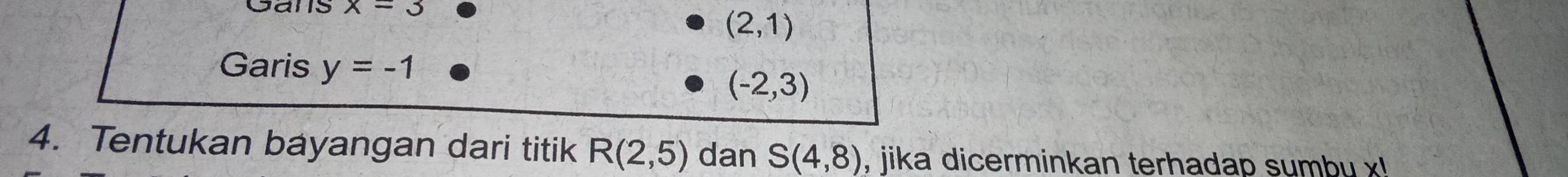 Gars x=3
(2,1)
Garis y=-1
(-2,3)
4. Tentukan bayangan dari titik R(2,5) dan S(4,8) , jika dicerminkan terhadap sumbu x