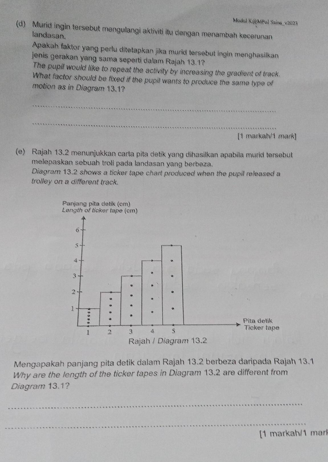 Modul K@MPol Sains_v2023 
(d) Murid ingin tersebut mengulangi aktiviti itu dengan menambah kecerunan 
landasan. 
Apakah faktor yang perfu ditetapkan jika murid tersebut ingin menghasilkan 
jenis gerakan yang sama seperti dalam Rajah 13.1? 
The pupil would like to repeat the activity by increasing the gradient of track. 
What factor should be fixed if the pupil wants to produce the same type of 
motion as in Diagram 13.1? 
_ 
_ 
[1 markah/1 mark] 
(e) Rajah 13.2 menunjukkan carta pita detik yang dihasilkan apabila murid tersebut 
melepaskan sebuah troli pada landasan yang berbeza. 
Diagram 13.2 shows a ticker tape chart produced when the pupil released a 
trolley on a different track. 
Mengapakah panjang pita detik dalam Rajah 13.2 berbeza daripada Rajah 13.1 
Why are the length of the ticker tapes in Diagram 13.2 are different from 
Diagram 13.1? 
_ 
_ 
[1 markah/1 mar