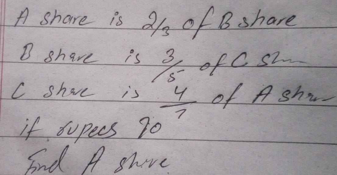 A share is afs of B share 
B shave is  3/5  of C s2 
C shave is  4/7  of A shw 
if supecs 70
And A shove