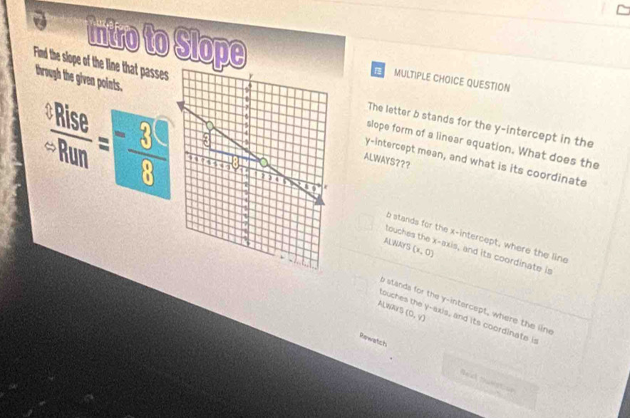 Intro to SlopeMULTIPLE CHOICE QUESTION

Find the slope of the line that passesThe letter b stands for the y-intercept in the
through the given points.y-intercept mean, and what is its coordinate
slope form of a linear equation. What does the
ALWAYS???
 sRise/sRun = 3/8  b stands for the x-intercept, where the line
ALWAYS (x,0)
touches the x-axis, and its coordinate is
stands for the y-intercept, where the lin
ALWAYS (0,y)
couches the y-axis, and its coordinate is
Rewatch Rek tasstiop
