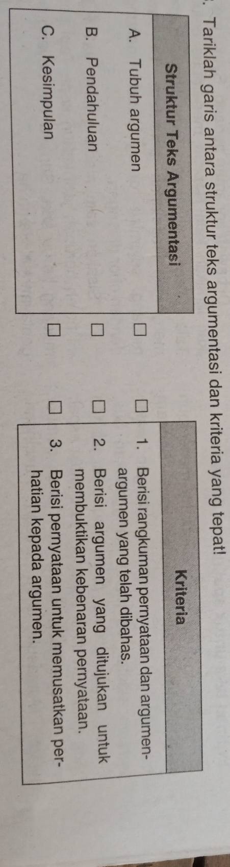 Tariklah garis antara struktur teks argumentasi dan kriteria yang tepat! 
Kriteria 
1. Berisi rangkuman pernyataan dan argumen- 
argumen yang telah dibahas. 
2. Berisi argumen yang ditujukan untuk 
membuktikan kebenaran pernyataan. 
3. Berisi pernyataan untuk memusatkan per- 
hatian kepada argumen.