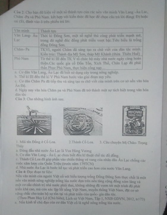 Cho bản dữ kiện về một số thành tựu của các nền văn minh Văn Lang -Âu Lac,
Chăm -Pa và Phù Nam, kết hợp với kiển thức đã học để chọn câu trả lời đủng( Đ) hoặc
sai (S), đánh vào ô trên phiếu trả lời:
b. Thế kỉ III đến thể kỉ V Phù Nam bước vào giai đoạn suy yểu.
c. Cư dân Chăm Pa đã tiếp thu và sáng tạo ra chữ viết của mình trên cơ sở nền văn hỏa
Ấn Độ.
d. Ngày nay văn hóa Chăm pa và Phù Nam đã trở thành một sự tách biệt trong văn hóa
dân tộc
Câu 3: Cho những hình ảnh sau.
MYCHAU
TRONG THU
1. Mũi tên Đồng ở Cổ Loa. 2.Thành Cổ Loa.  3. Câu chuyện Mị Châu- Trọng
Thủy
a. Đứng đầu nhà nước Âu Lạc là Vua Hùng Vương
b. Cư dân Văn Lang - Âu L ạc chưa biết đến kĩ thuật chế tác đồ đồng.
c. Thành Cổ Loa đã góp phần vào chiến thắng vẻ vang của nhân dân Âu Lạc chổng các
cuộc xâm lược của Quân Triệu (trước năm 179TCN)
d. Nhà nước Âu Lạc là bước kể tục và phát triển cao hơn của nước Văn Lang.
Câu 4: Đọc đoạn tư liệu:
Nền văn minh của người Việt cổ với biểu tượng trống Đồng Đông Sơn thực chất là một
nên văn minh nông nghiệp trồng lủa nước dựa trên nền tàng cộng đồng xóm làng và
một cơ cầu chính trị nhà nước phôi thai, không những đã vươn tới một trình độ phát C
triển khá cao, mà còn xác lập lối sống Việt Nam, truyền thống Việt Nam, đặt cơ sở ts
vững chắc cho toàn bộ sự tồn tại và phát triển của quốc- gia dân tộc.
(Theo Phan Huy Lê (Chủ biên), Lịch sử Việt Nam, Tập 1, NXB GDVN, 2012, tr173)
a. Nền kinh tế chủ đạo của cư dân Việt cổ là nghề nông trồng lúa nước.