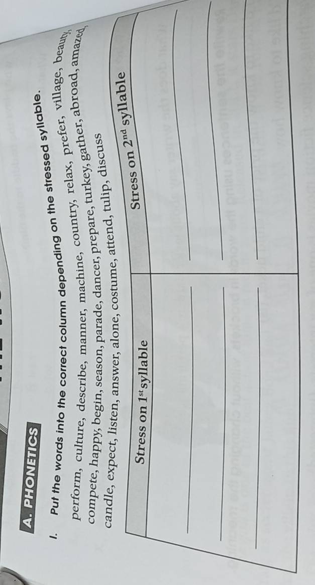 PHONETICS
I. Put the words into the correct column depending on the stressed syllable.
perform, culture, describe, manner, machine, country, relax, prefer, village, beaut,
compete, happy, begin, season, parade, dancer, prepare, turkey, gather, abroad, amazed,
iscuss