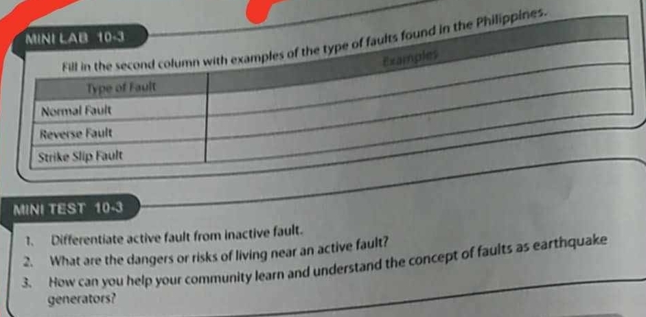 MINI TEST 10-3 
1. Differentiate active fault from inactive fault. 
2. What are the dangers or risks of living near an active fault? 
3. How can you help your community learn and understand the concept of faults as earthquake 
generators?