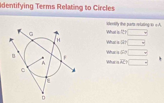 Identifying Terms Relating to Circles 
ldentify the parts relating to ⊥A. 
What is overleftrightarrow FG ? 
What is vector DB □ 
What is vector DH I □ 
What is overline AC 2 □