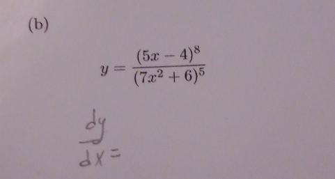 y=frac (5x-4)^8(7x^2+6)^5