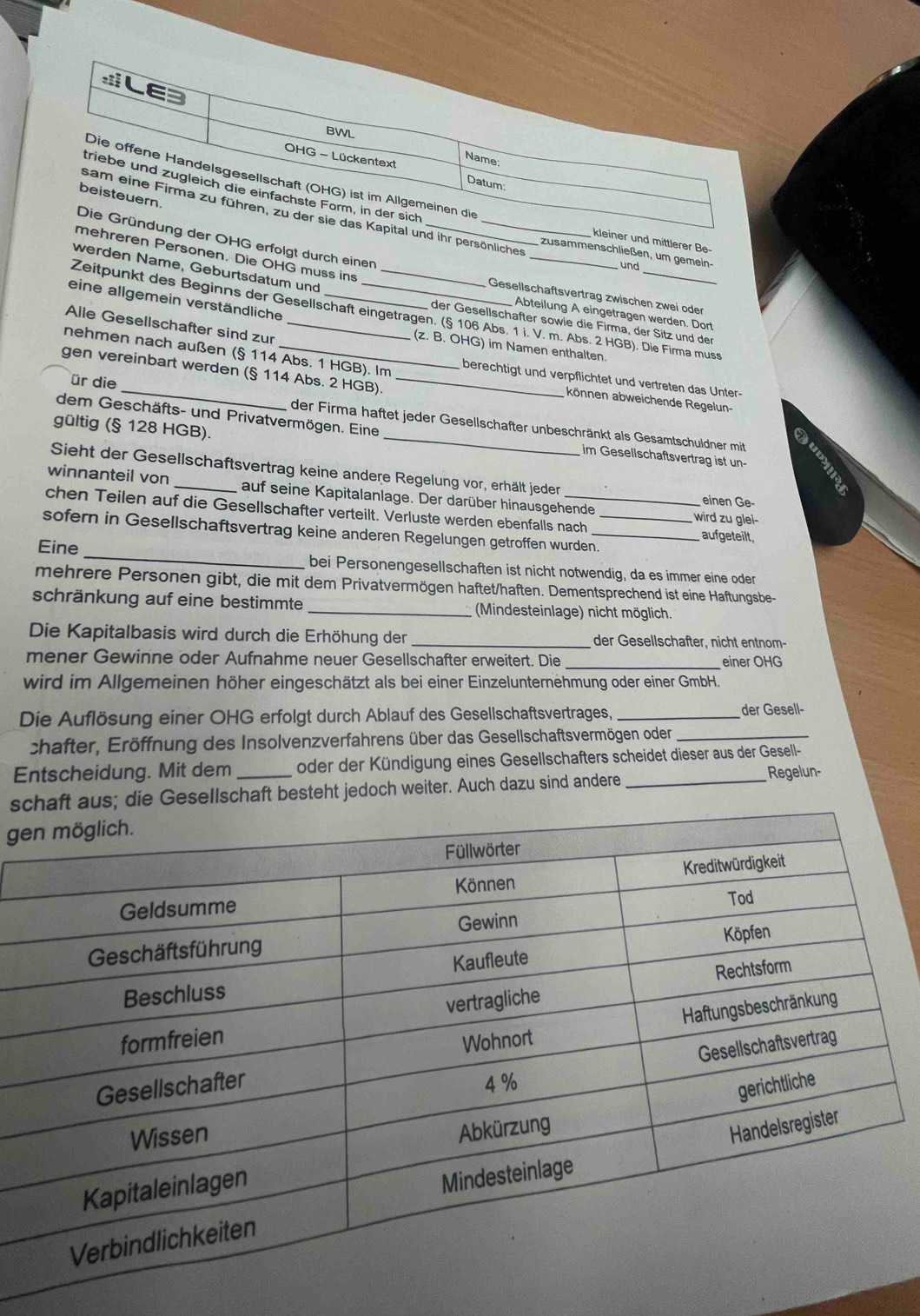 LE3
BWL
Name:
OHG - Lückentext Datum:
Die offene Handelsgesellschaft (OHG) ist im Allgemeinen die
triebe und zugleich die einfachste Form, in der sich
beisteuern.
sam eine Firma zu führen, zu der sie das Kapital und ihr persönliches zusammenschließen, um gemein- und
Die Gründung der OHG erfolgt durch einen_
kleiner und mittlerer Be-
werden Name, Geburtsdatum und
mehreren Personen. Die OHG muss ins Gesellschaftsvertrag zwischen zwei öder
eine allgemein verständliche__
Zeitpunkt des Beginns der Gesellschaft eingetragen. (§ 106 Abs. 1 i. V. m. Abs. 2 HGB). Die Firma muss
Abteilung A eingetragen werden. Dort
der Gesellschafter sowie die Firma, der Sitz und der
Alle Gesellschafter sind zur_
(z. B. OHG) im Namen enthalten.
nehmen nach außen (§ 114 Abs. 1 HGB). Im berechtigt und verpflichtet und vertreten das Unter-
gen vereinbart werden (§ 114 Abs. 2 HGB)._
können abweichende Regelun-
ür die der Firma haftet jeder Gesellschafter unbeschränkt als Gesamtschuldner mit
gültig (§ 128 HGB).
dem Geschäfts- und Privatvermögen. Eine _im Gesellschaftsvertrag ist un-
Sieht der Gesellschaftsvertrag keine andere Regelung vor, erhält jeder einen Ge-
winnanteil von _auf seine Kapitalanlage. Der darüber hinausgehende wird zu glei-
chen Teilen auf die Gesellschafter verteilt. Verluste werden ebenfalls nach
sofern in Gesellschaftsvertrag keine anderen Regelungen getroffen wurden.__ aufgeteilt
Eine _bei Personengesellschaften ist nicht notwendig, da es immer eine oder
mehrere Personen gibt, die mit dem Privatvermögen haftet/haften. Dementsprechend ist eine Haftungsbe-
schränkung auf eine bestimmte _(Mindesteinlage) nicht möglich.
Die Kapitalbasis wird durch die Erhöhung der _der Gesellschafter, nicht entnom-
mener Gewinne oder Aufnahme neuer Gesellschafter erweitert. Die _einer OHG
wird im Allgemeinen höher eingeschätzt als bei einer Einzelunternehmung oder einer GmbH.
Die Auflösung einer OHG erfolgt durch Ablauf des Gesellschaftsvertrages, _der Gesell-
chafter, Eröffnung des Insolvenzverfahrens über das Gesellschaftsvermögen oder_
Entscheidung. Mit dem oder der Kündigung eines Gesellschafters scheidet dieser aus der Gesell-
ssellschaft besteht jedoch weiter. Auch dazu sind andere _Regelun-
g