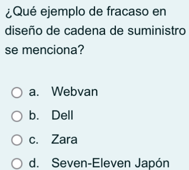 ¿Qué ejemplo de fracaso en
diseño de cadena de suministro
se menciona?
a. Webvan
b. Dell
c. Zara
d. Seven-Eleven Japón