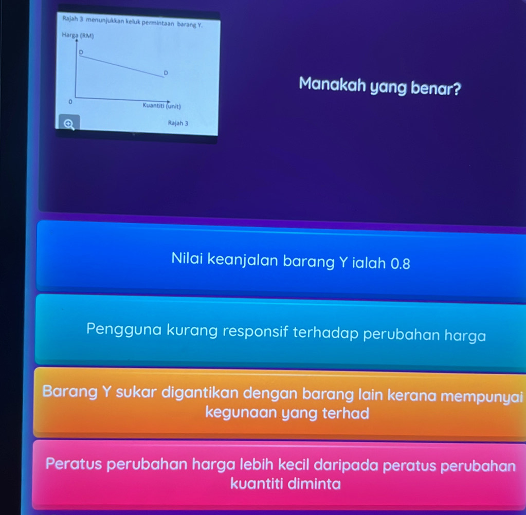 Rajah 3 menunjukkan keluk permintaan barang Y.
Manakah yang benar?
④ Rajah 3
Nilai keanjalan barang Y ialah 0.8
Pengguna kurang responsif terhadap perubahan harga
Barang Y sukar digantikan dengan barang lain kerana mempunyai
kegunaan yang terhad
Peratus perubahan harga lebih kecil daripada peratus perubahan
kuantiti diminta