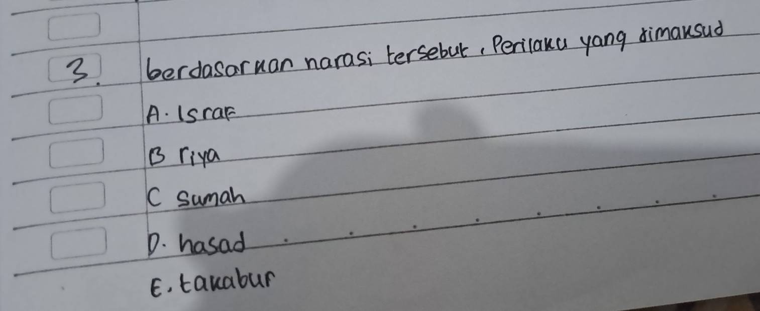 berdasoruan narasi tersebul, Perilana yang dimausud
A. IsraF
B riya
C sumah
D. hasad
E. takabur