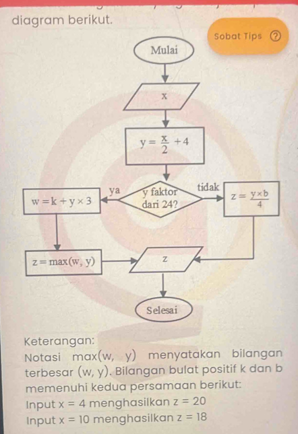 diagram berikut.
Keterangan:
Notasi max(w,y) menyatakan bilangan .
terbesar (w,y). Bilangan bulat positif k dan b
memenuhi kedua persamaan berikut:
Input x=4 menghasilkan z=20
Input x=10 menghasilkan z=18