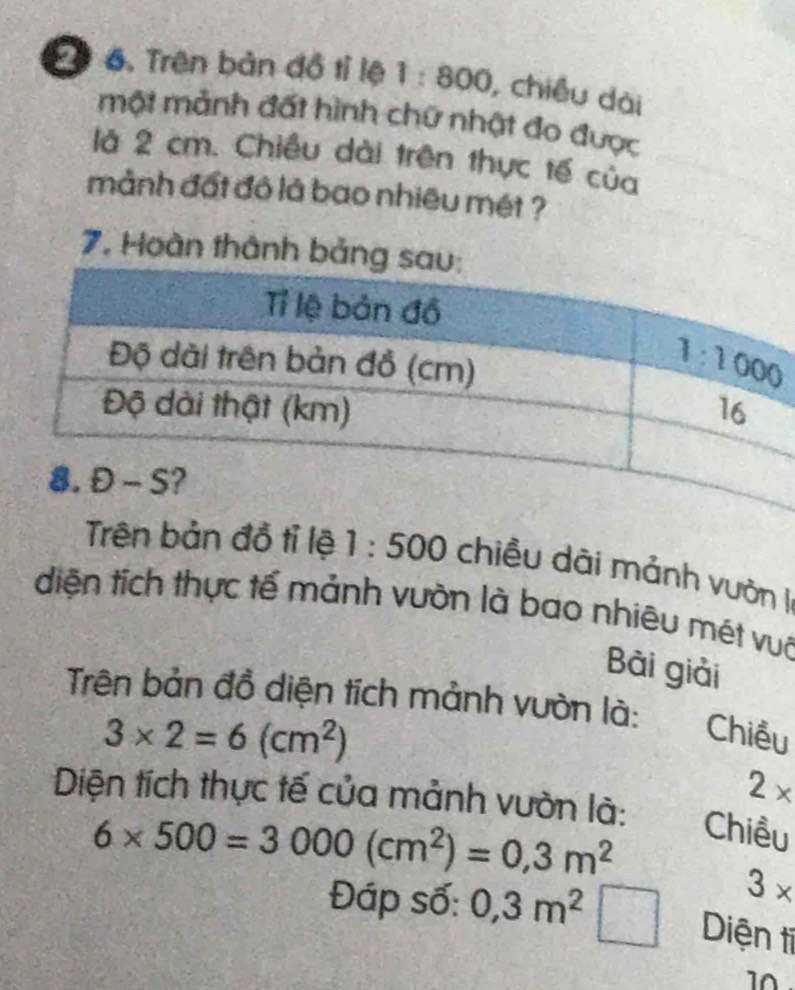 Đ6. Trên bản đồ tỉ lệ 1:800 , chiều dài
một mảnh đất hình chữ nhật đo được
là 2 cm. Chiều dài trên thực tế của
mảnh đất đô là bao nhiều mét ?
7. Hoàn thành bảng
Trên bản đồ tỉ lệ 1:500 chiều dài mảnh vườn |
diện tích thực tế mảnh vườn là bao nhiêu mét vuô
Bài giải
Trên bản đồ diện tích mảnh vườn là:
3* 2=6(cm^2)
Chiều
2*
Diện tích thực tế của mảnh vườn là: Chiều
6* 500=3000(cm^2)=0,3m^2
3*
Đáp số: 0,3m^2 □ Diện tí
10