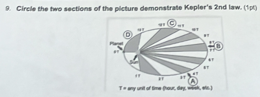 Circle the two sections of the picture demonstrate Kepler’s 2nd law. (1pt)
21 a
13 7 93
D
91
Planet
8
B
07
77
6T
47
1 7 27 DT a
T= any unit of time (hour, day, week, etc.)