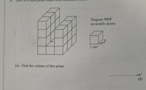 Diagram NOT
accurately drawn
(a) Find the volume of this prism.
_ cm^3
(2)