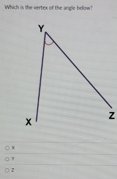 Which is the vertex of the angle below?
x
Y
z