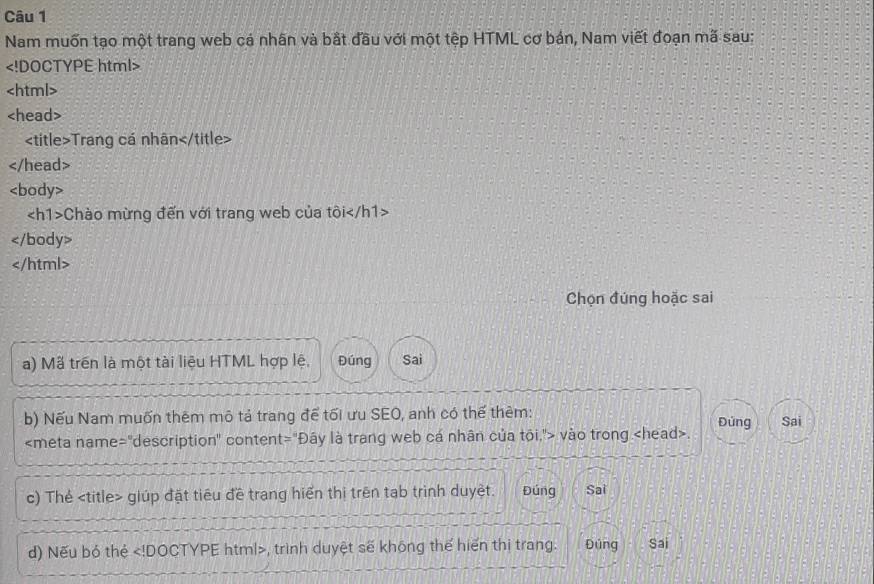 Nam muốn tạo một trang web cá nhân và bắt đầu với một tệp HTML cơ bán, Nam viết đoạn mã sau:

Trang cá nhân

Chào mừng đến với trang web của tôi

Chọn đúng hoặc sai 
a) Mã trền là một tài liệu HTML hợp lệ, Đúng Sai 
b) Nếu Nam muốn thêm mô tả trang để tối ưu SEO, anh có thế thêm:
vào trong. Đúng Sai 
c) Thẻ giúp đặt tiêu đề trang hiển thị trên tab trình duyệt. Đúng Sai 
d) Nếu bỏ thẻ , trình duyệt sẽ không thế hiển thị trang. Đúng Sai