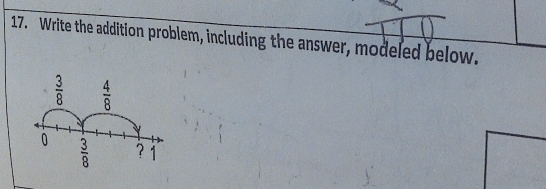 Write the addition problem, including the answer, modeled below.
 3/8   4/8 
0  3/8  ? 1