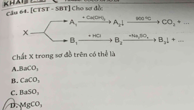 [CTST - SBT] Cho sơ đồ:
Chất X trong sơ đồ trên có thể là
A. BaCO_3
_ _ 
B. CaCO_3
C. BaSO_3
D. MgCO_3