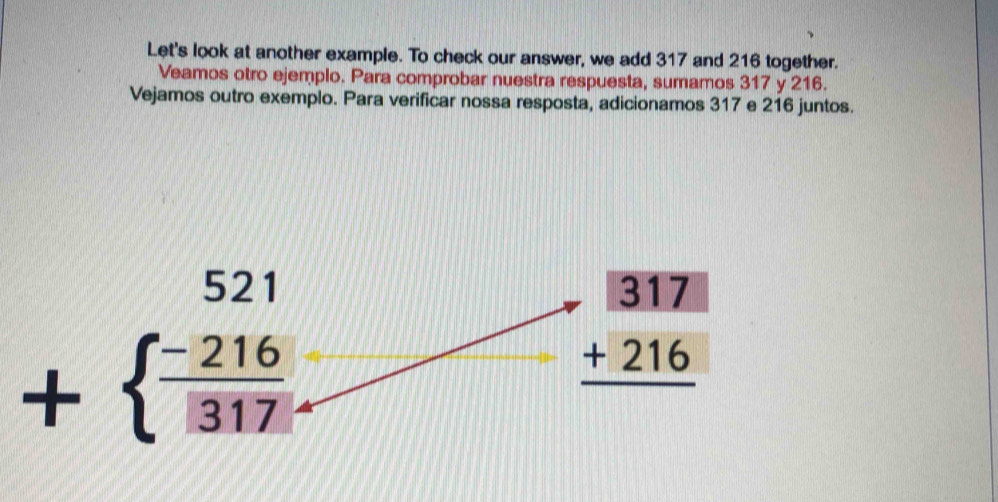 Let's look at another example. To check our answer, we add 317 and 216 together.
Veamos otro ejemplo. Para comprobar nuestra respuesta, sumamos 317 y 216.
Vejamos outro exemplo. Para verificar nossa resposta, adicionamos 317 e 216 juntos.
+beginarrayl 521  (-216)/317 endarray.
beginarrayr 317 +216 hline endarray