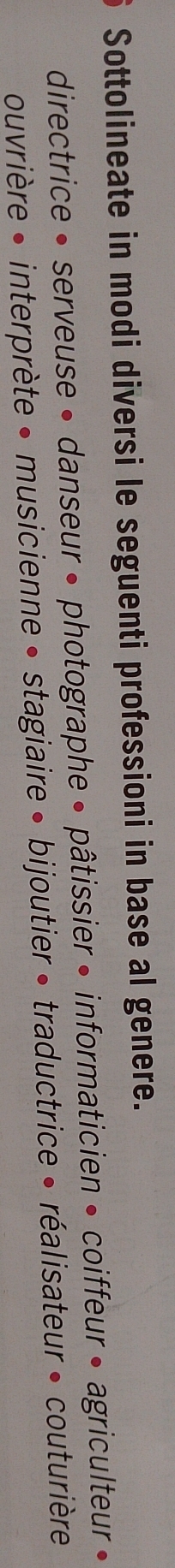 Sottolineate in modi diversi le seguenti professioni in base al genere. 
directrice • serveuse • danseur • photographe • pâtissier • informaticien • coiffeur • agriculteur • 
ouvrière • interprète • musicienne • stagiaire • bijoutier •traductrice • réalisateur • couturière