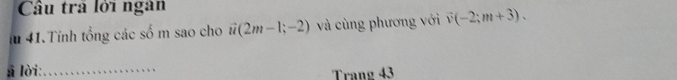 Câu trả lời ngân 
lu 41.Tính tổng các số m sao cho vector u(2m-1;-2) và cùng phương với vector v(-2;m+3). 
à lời:_ 
Trang 43