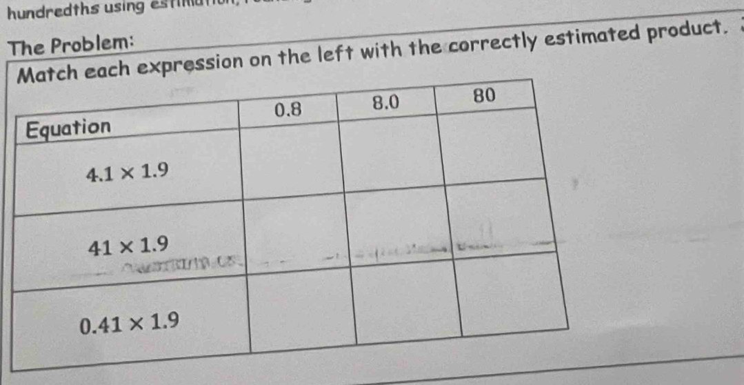 hundredths using estma t  
The Problem:
on the left with the correctly estimated product.