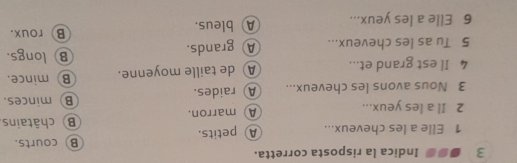 3 ●●● Indica la risposta corretta.
B courts.
1 Elle a les cheveux... A petits.
B châtains
2 Il a les yeux...
A marron.
B) minces.
3 Nous avons les cheveux... A raides.
4 Il est grand et... A de taille moyenne. B mince.
5 Tu as les cheveux... A grands.
B longs.
6 Elle a les yeux... A bleus.
B roux.