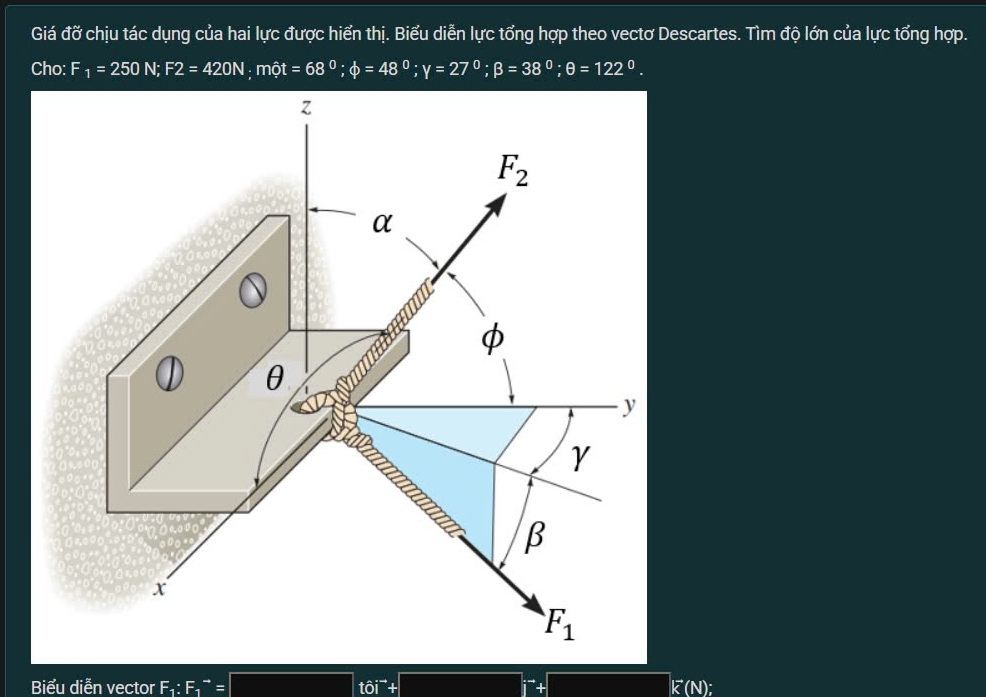 Giá đỡ chịu tác dụng của hai lực được hiển thị. Biểu diễn lực tổng hợp theo vectơ Descartes. Tìm độ lớn của lực tổng hợp.
Cho: F_1=250N;F2=420N;mot=68^0;phi =48^0;y=27^0;beta =38^0;θ =122^0.
Biểu diễn vector F_1:F_1^((to)= tôi + overleftrightarrow K)(N);