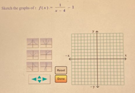 Sketch the graphs of : f(x)= 1/x-4 -1
Rese 
Don