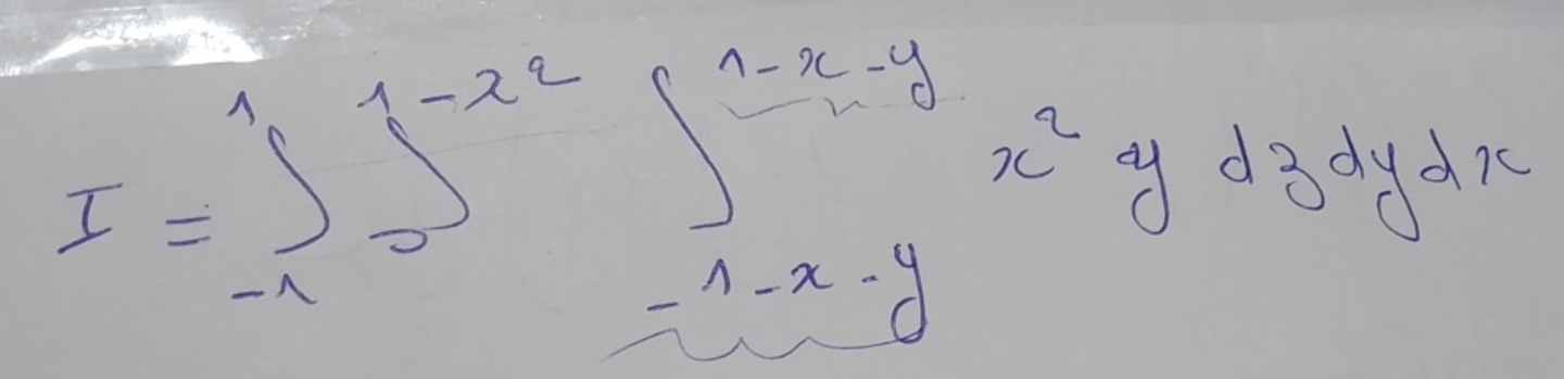 I=∈t _(-1)^1∈t _(-1)^(1-x^(2))∈t _(-1-x-y)^(1-y)x^2ydzdydx