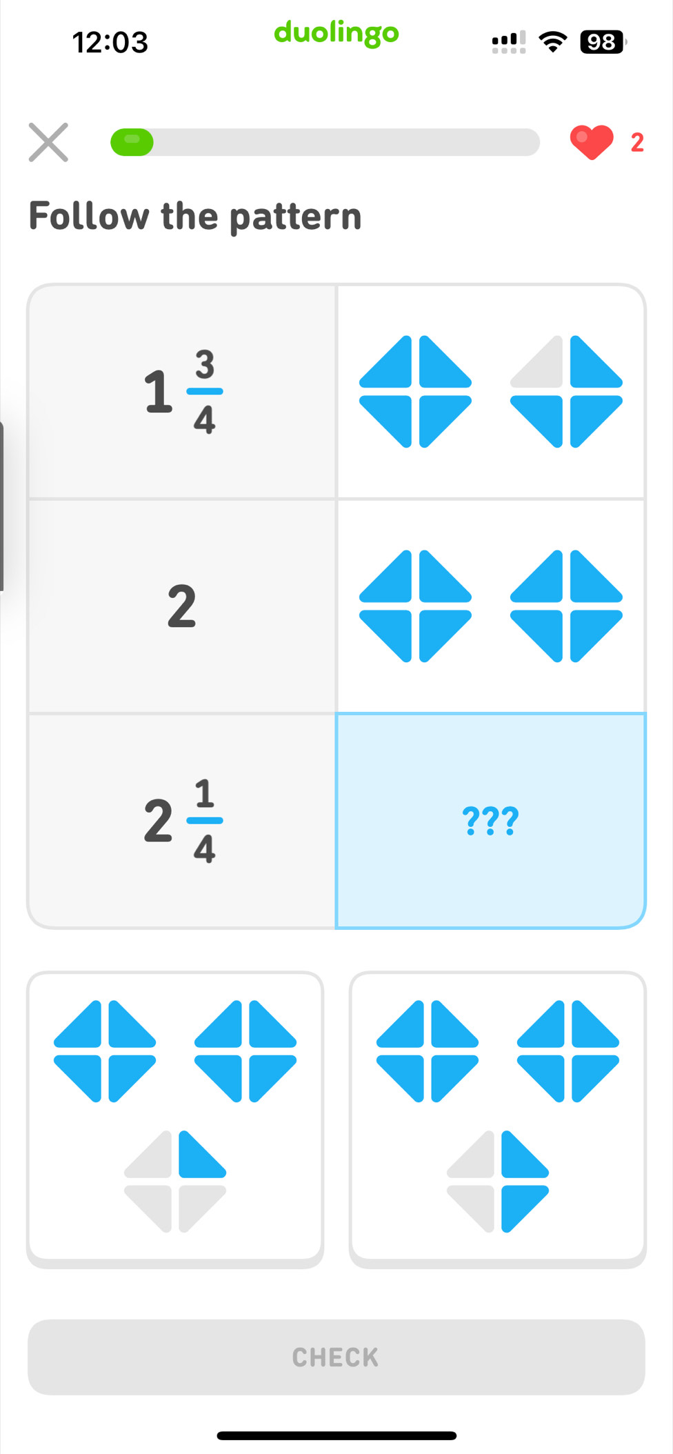 12:03
duolingo
98
2
Follow the pattern
CHECK