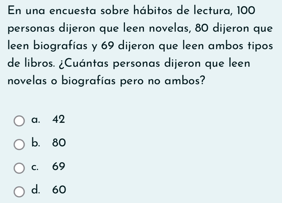 En una encuesta sobre hábitos de lectura, 100
personas dijeron que leen novelas, 80 dijeron que
leen biografías y 69 dijeron que leen ambos tipos
de libros. ¿Cuántas personas dijeron que leen
novelas o biografías pero no ambos?
a. 42
b. 80
c. 69
d. 60