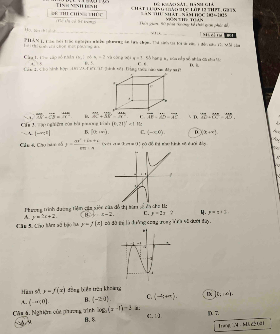 Và đảo tạo Để khảo sát, đánh giả
TỉNH NInH BìNH Chát lượng giáo dục lớp 12 tHPT, gDTX
Để THI ChíNh tHức  Lần Thứ nhát - năm Học 2024-2025
Môn thI: toán
(Đề thị có 04 trang)  Thời gian: 90 phút (không kể thời gian phát đề)
Họ, tên thí sinh: __001
SBD: Mã đề thi
PHẢN I. Câu hồi trắc nghiệm nhiều phương án lựa chọn. Thí sinh trà lời từ câu 1 đến câu 12. Mỗi câu
hỏi thí sinh chỉ chọn một phương án.
Câu 1. Cho cấp số nhân (24_ ) có u_1=2 và công bội q=3. Số hạng #ộ của cấp số nhân đã cho là:
A. 18. B. 5. C. 6. D. 8.
Câu 2. Cho hình hộp ABCD.. A'B'C'D' (hình vhat e). Đẳng thức nào sau đây sai?
4'
D
C°
A
D
C
A. beginarrayr uas AB'+overline CB=overline AC'.endarray B. vector AC+endarray beginarrayr uau BBendarray =beginarrayr uasu ACendarray C. AB+AD=AC.  D. beginarrayr uas AD+overline CC'=overline AD'.endarray
Câu 3. Tập nghiệm của bắt phương trình (0,21)^x<1</tex> là: k
B.
C.
A. (-∈fty ;0]. [0;+∈fty ). (-∈fty ;0). D. (0;+∈fty ).
ho
hu
Câu 4. Cho hàm số y= (ax^2+bx+c)/mx+n  (với a!= 0;m!= 0) có đồ thị như hình voverline e dưới đây.
ợ 
g
in
Phương trình đường tiệm cận xiên của đồ thị hàm số đã cho là:
C.
A. y=2x+2.
B. y=x-2. y=2x-2. Q. y=x+2.
Câu 5. Cho hàm số bậc ba y=f(x) có đồ thị là đường cong trong hình vẽ dưới đây.
Hàm số y=f(x) đồng biến trên khoảng
D. (0;+∈fty ).
A. (-∈fty ;0).
B. (-2;0).
C. (-4;+∈fty ).
Câu 6. Nghiệm của phương trình log _2(x-1)=3 là: D. 7.
A. 9.
B. 8. C. 10.
Trang 1/4 - Mã đề 001