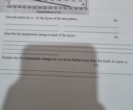 A
-100 - 90 -80 -70 - 60 - 50 -40 30 - 20 -10 0 10 20 30 40 50
Temperature (^circ C)
_ 
Give the labels for A- D , the layers of the atmosphere. (4) 
_ 
_ 
_ 
_ 
Describe the temperature change in each of the layers. (4) 
_ 
_ 
_ 
Explain why the temperature changes as you move further away from the Earth in Layer A. 
_ 
(2) 
_