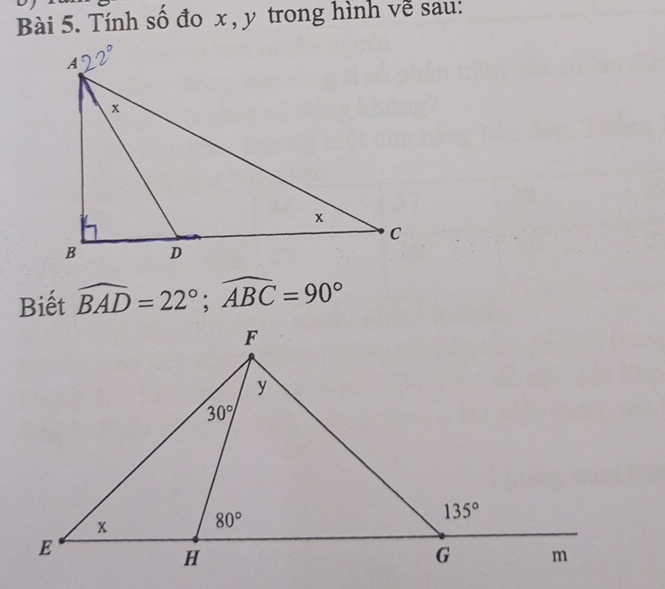 Tính số đo x , y trong hình về sau:
Biết widehat BAD=22°;widehat ABC=90°