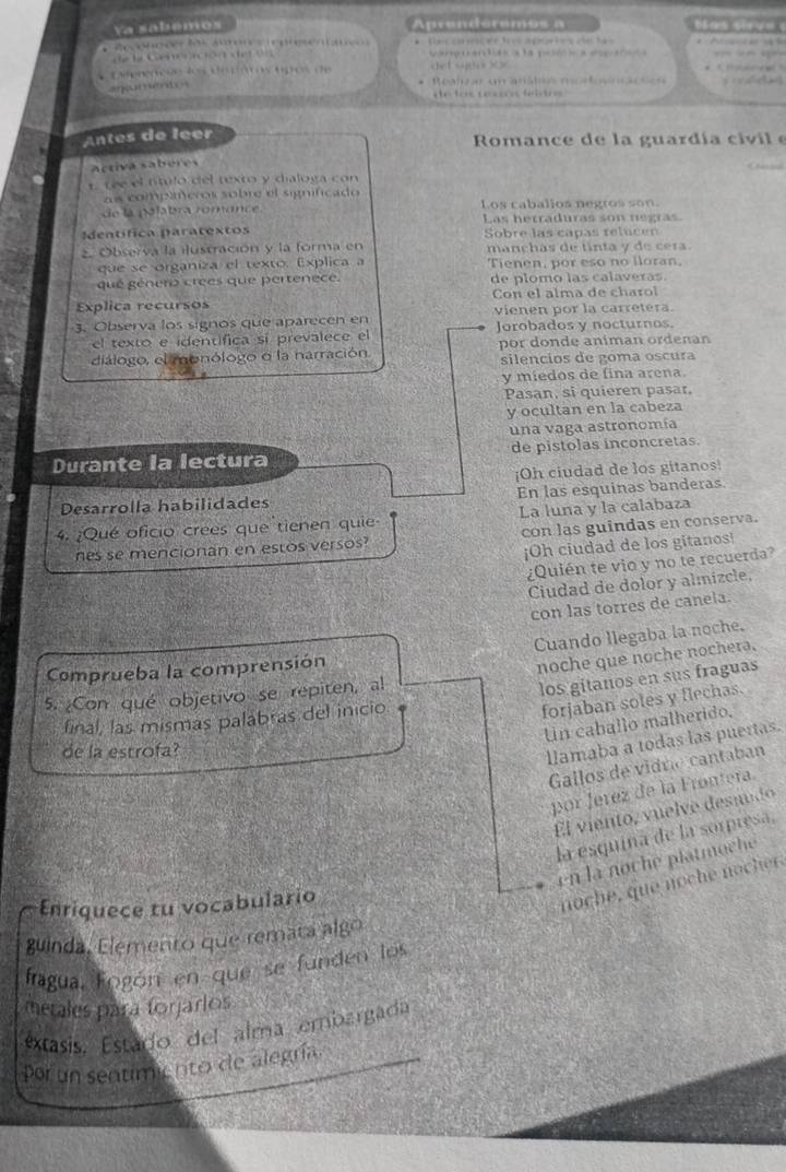 Ya sabémos Aprendéremos a  s a s t  m 
2 6+ 85 51    (11)( 424 /113    *    Tes a ée ts apc le s  c e t a                            
vampaantias s la peótica epancta
4    3     4   x    )       4        2x <    
arour en  
Realz a um anátca mcifovnca  c tc o       
i e tos cessón felstee 
Antes de leer
Romance de la guardía civil  e
Activa sabéres
t. rée el título del texto y dialoga con
as compíñeros sobre el significado
de la palabra romonce Los cabalios negros son.
Las hetraduras son negras.
dentífica paratextos Sobre las capas relucen
2. Observa la ilustración y la forma en mançhas de tinta y de cera.
que se organiza el texto. Explica a Tienen, por eso no lloran,
qué género crées que pertenece. de plomo las calaveras.
Explica recursos Con el alma de charol
vienen por la carretera.
3. Observa los signos que aparecen en Jorobados y nocturnos.
el texto e identífica si prevalece el
diálogo, el monólogo o la narración por donde animan ordenan
silencios de goma oscura
y miedos de fina arena
Pasan, si quieren pasar.
y ocultan en la cabeza
una vaga astronomía
Durante la lectura de pistolas inconcretas.
¡Oh ciudad de los gitanos!
Desarrolla habilidades En las esquinas banderas
4. ¿Qué oficio crees que tienen quie La luna y la calabaza
es se mencionan en estos versos? con las guindas en conserva.
¡Oh ciudad de los gitanos!
¿Quién te vio y no te recuerda?
 Ciudad de dolor y almizcle,
con las torres de canela.
Comprueba la comprensión Cuando llegaba la noche.
noche que noche nochera.
5. ¿Con qué objetivo se repiten, al
los gitanos en sus fraguas
final, las mismas palabras del inicio
forjaban soles y flechas.
Un caballo malherido,
de la estrofa?
llamaba a todas las puertas.
Gallos de vidro cantaban
por Jeréz de la Frontera.
El viento, vuelve desaud
la esquina de la sorpresa,
en la noche platmoche 
Enriquece tu vocabulario
no he  u  o     o h  
guinda, Elemento que remata algo
fragua. fogón en que se funden los
metales para forjarlos
Estasis. Estado del alma embargada
por un sentimiento de alegría.