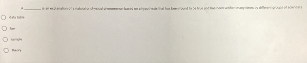 A_ is an explanation of a natural or physical phenomenon based on a hypothesis that has been found to be true and has been verified many times by different groups of scientists 
dats table 
lawr 
sample 
theory