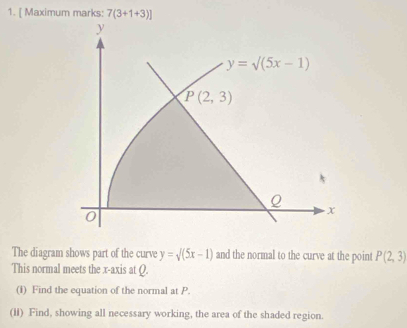 [ Maximum marks: 7(3+1+3)]
The diagram shows part of the curve y=sqrt((5x-1)) and the normal to the curve at the point P(2,3)
This normal meets the x-axis at Q.
(1) Find the equation of the normal at P.
(ii) Find, showing all necessary working, the area of the shaded region.