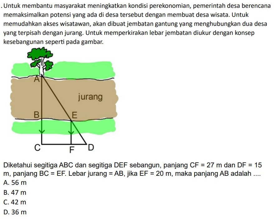 Untuk membantu masyarakat meningkatkan kondisi perekonomian, pemerintah desa berencana
memaksimalkan potensi yang ada di desa tersebut dengan membuat desa wisata. Untuk
memudahkan akses wisatawan, akan dibuat jembatan gantung yang menghubungkan dua desa
yang terpisah dengan jurang. Untuk memperkirakan lebar jembatan diukur dengan konsep
kesebangunan seperti pada gambar.
Diketahui segitiga ABC dan segitiga DEF sebangun, panjang CF=27m dan DF=15
m, panjang BC=EF. Lebar jurang =AB , jika EF=20m , maka panjang AB adalah ....
A. 56 m
B. 47 m
C. 42 m
D. 36 m