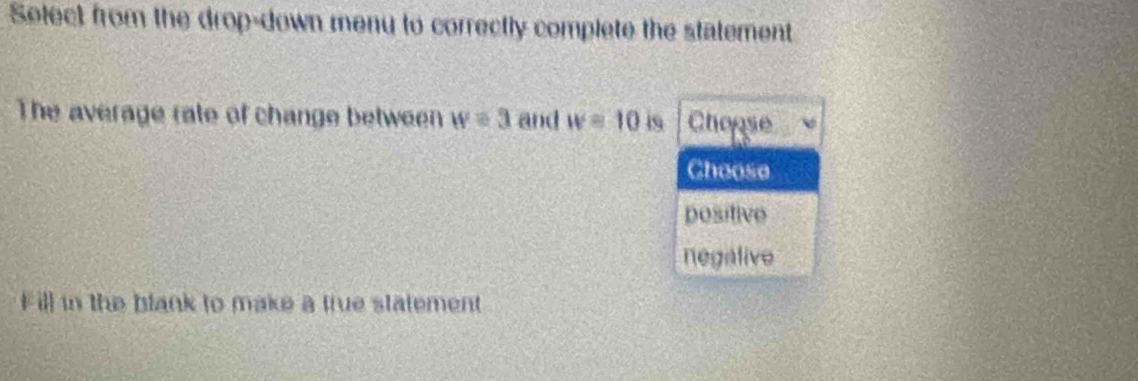 Select from the drop-down menu to correctly complete the statement
The average rate of change between w=3 and w=10 Choose 
Choose
positive
negalive
Fill in the blank to make a true statement